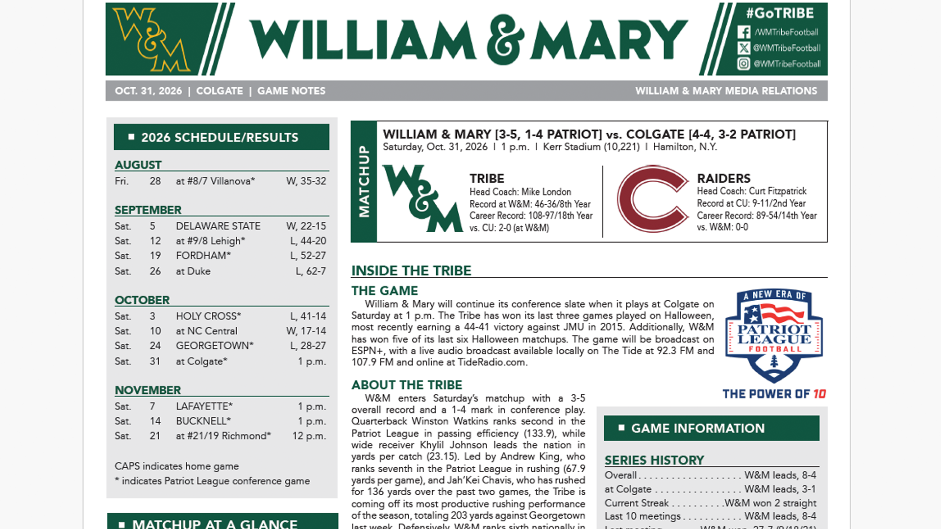 W&M-Colgate Football Game Notes