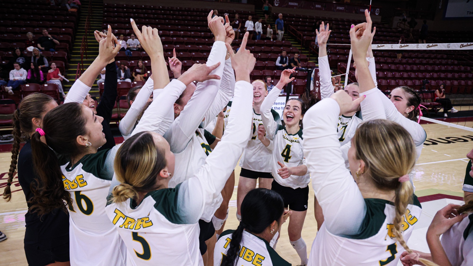 William & Mary volleyball celebrates a win over Charleston on Oct. 30, 2026 at TD Arena.