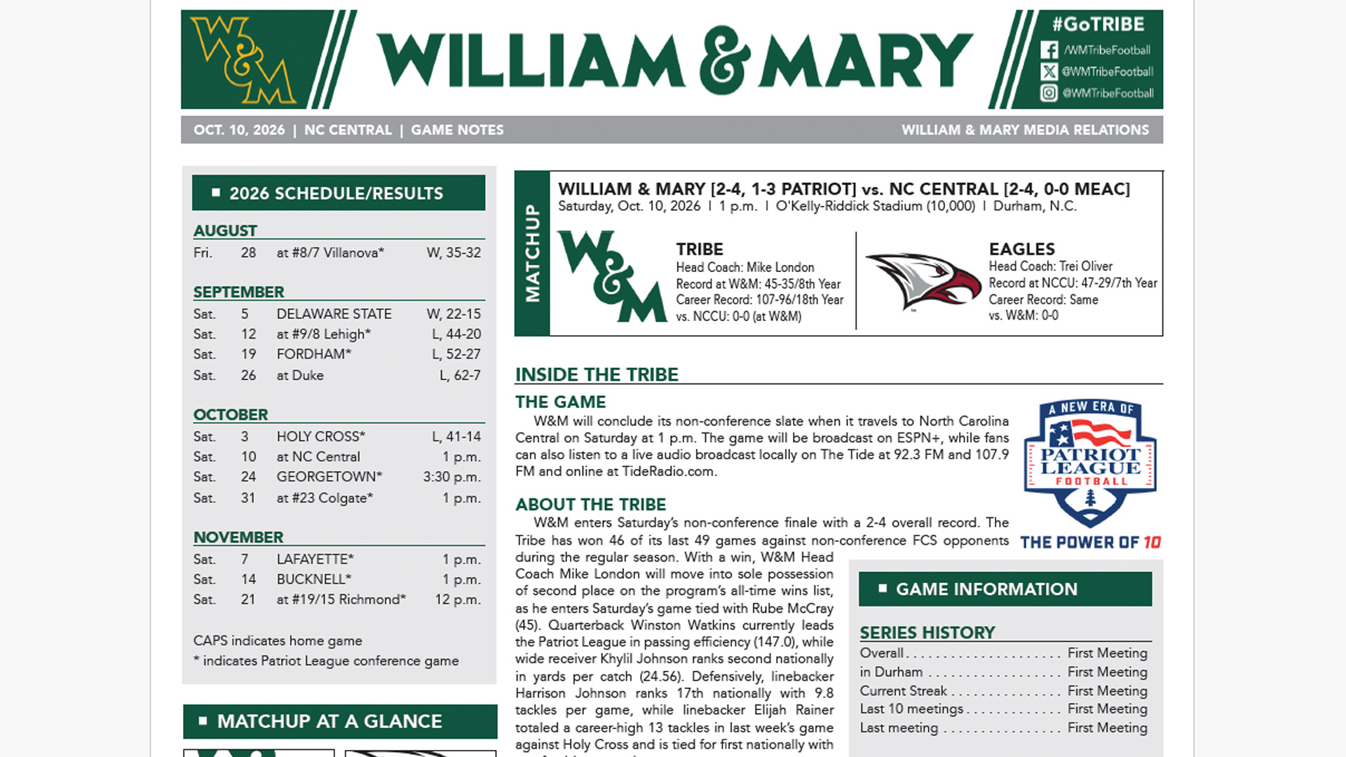 W&M Football vs. NCCU Game Notes