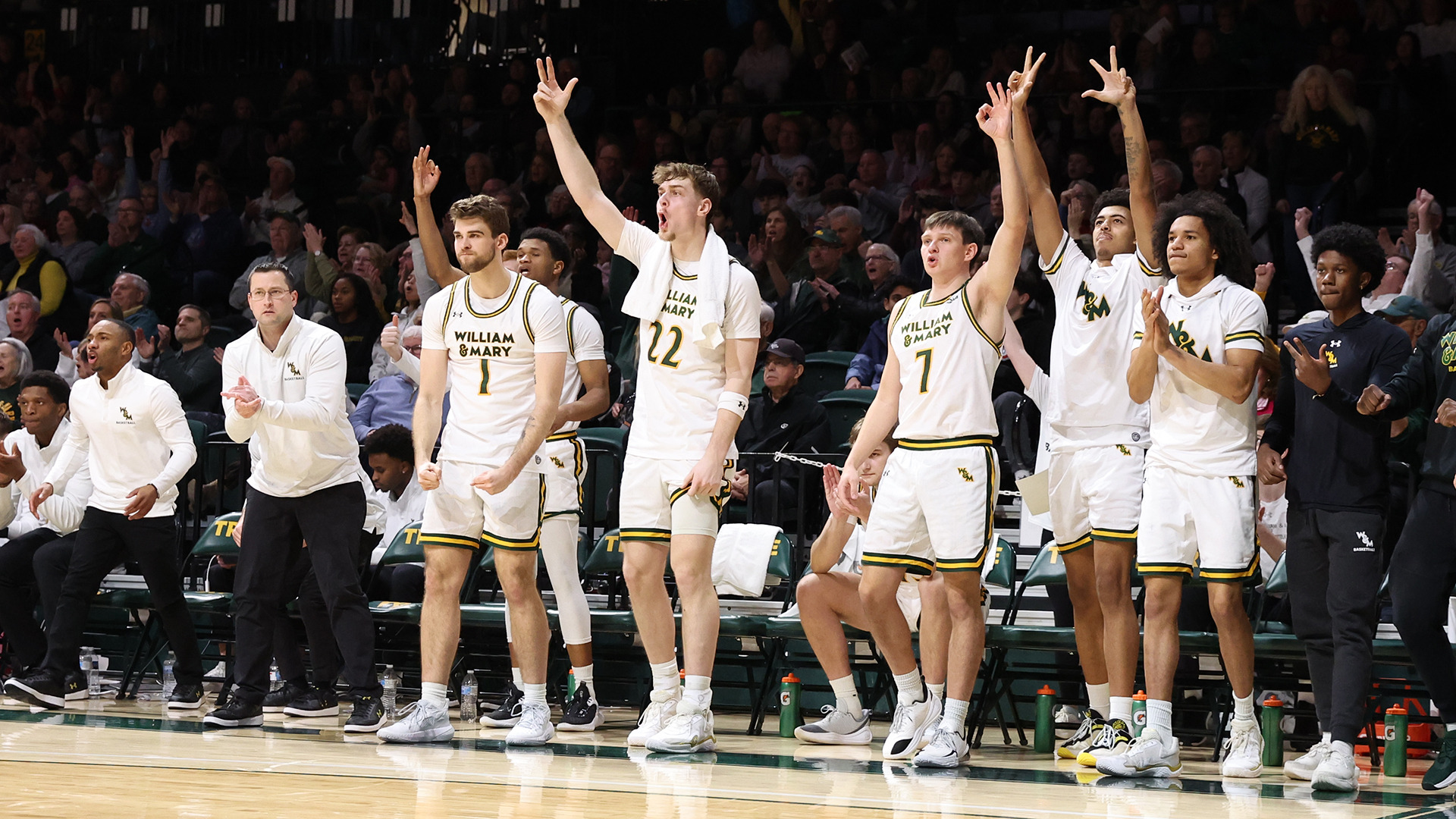 The Tribe bench celebrates a big play in the home game vs. Elon on Feb. 14, 2026. 