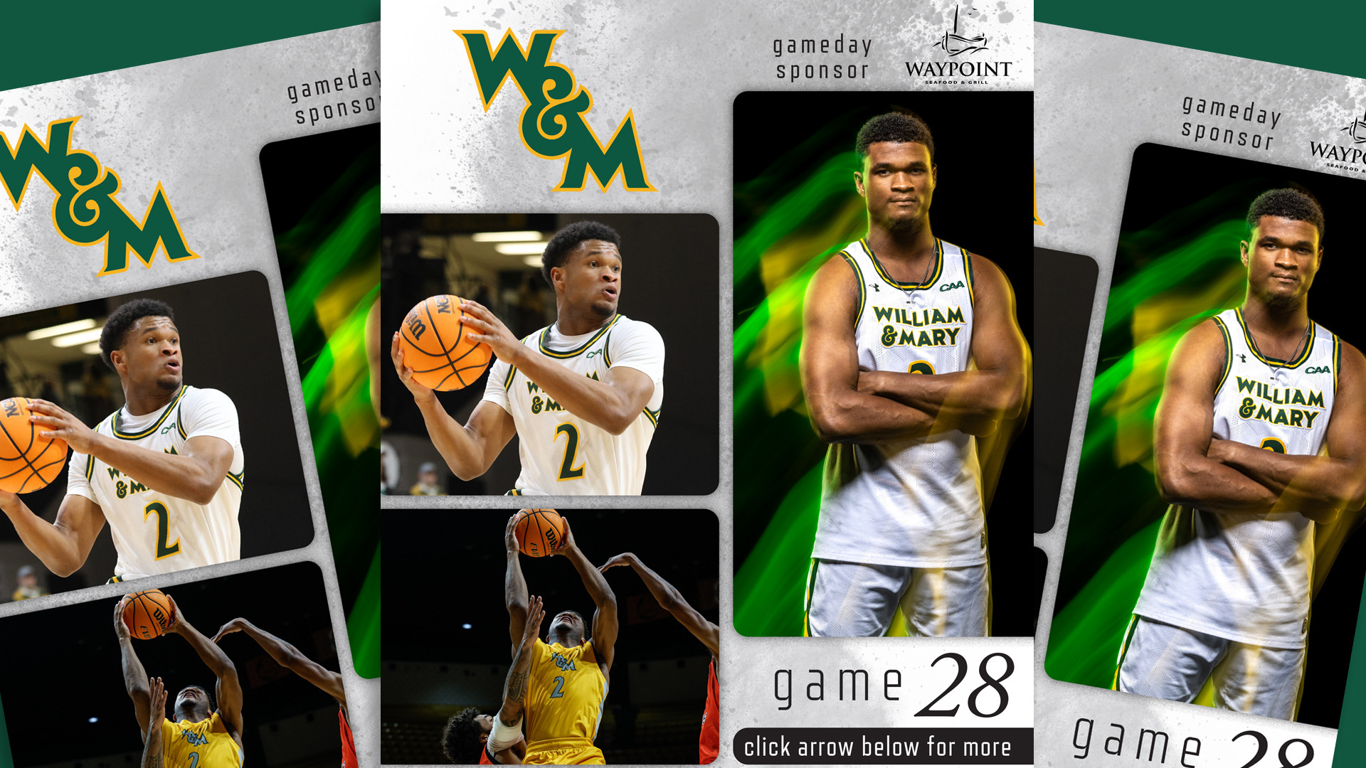 Game 28 Game Program vs. Northeastern featuring Chase Lowe and game sponsor Waypoint Seafood & Grill. W&M logo in the upper left corner. Three photos of Chase, two on the left of game action and one on the right him standing arms crossed against a neon and black backdrop.
