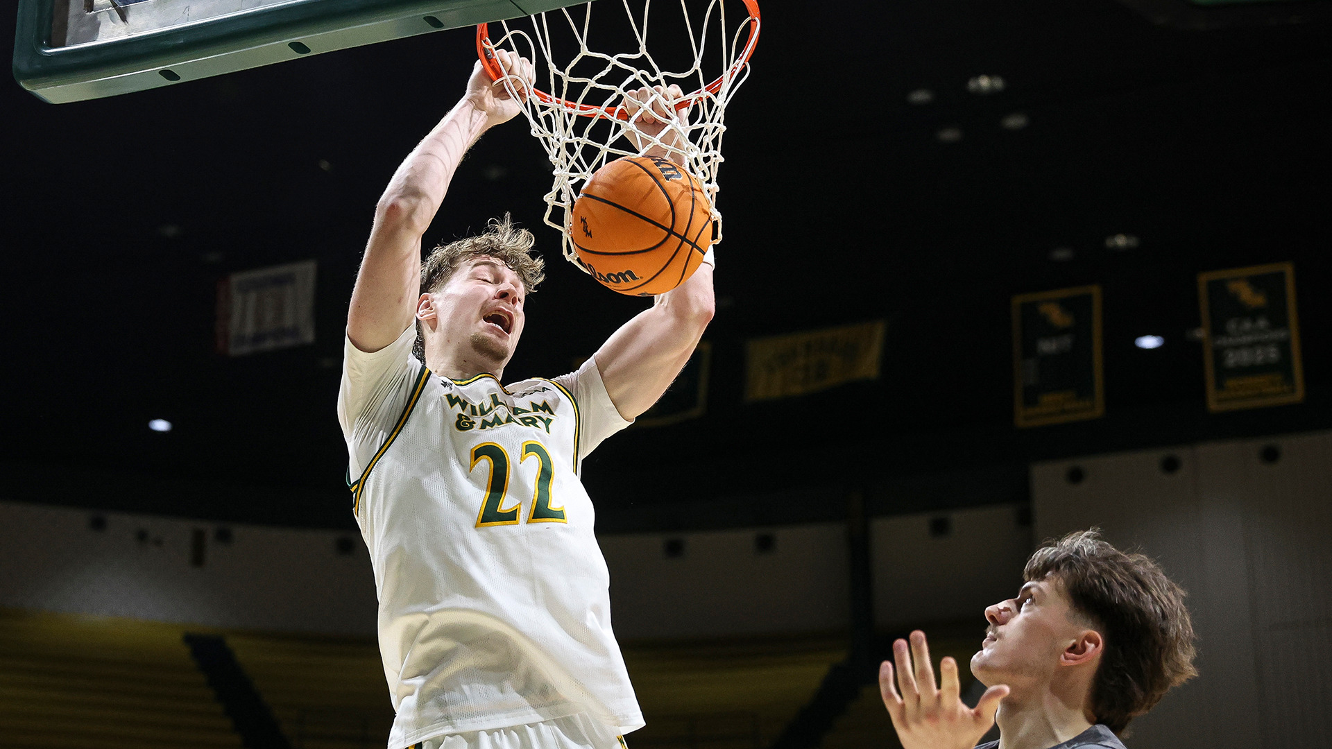 Kilian Brockhoff finishes one of his two dunks in the Tribe's win over Northeastern on Feb. 26, 2026. 