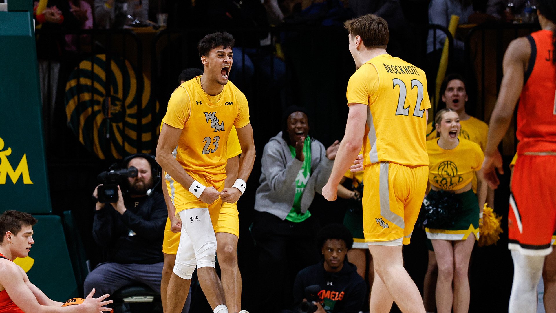 Jo'el Emanuel and Kilian Brockhoff give a yell at each other and flex following a big play in the Gold Rush game vs. Campbell. 