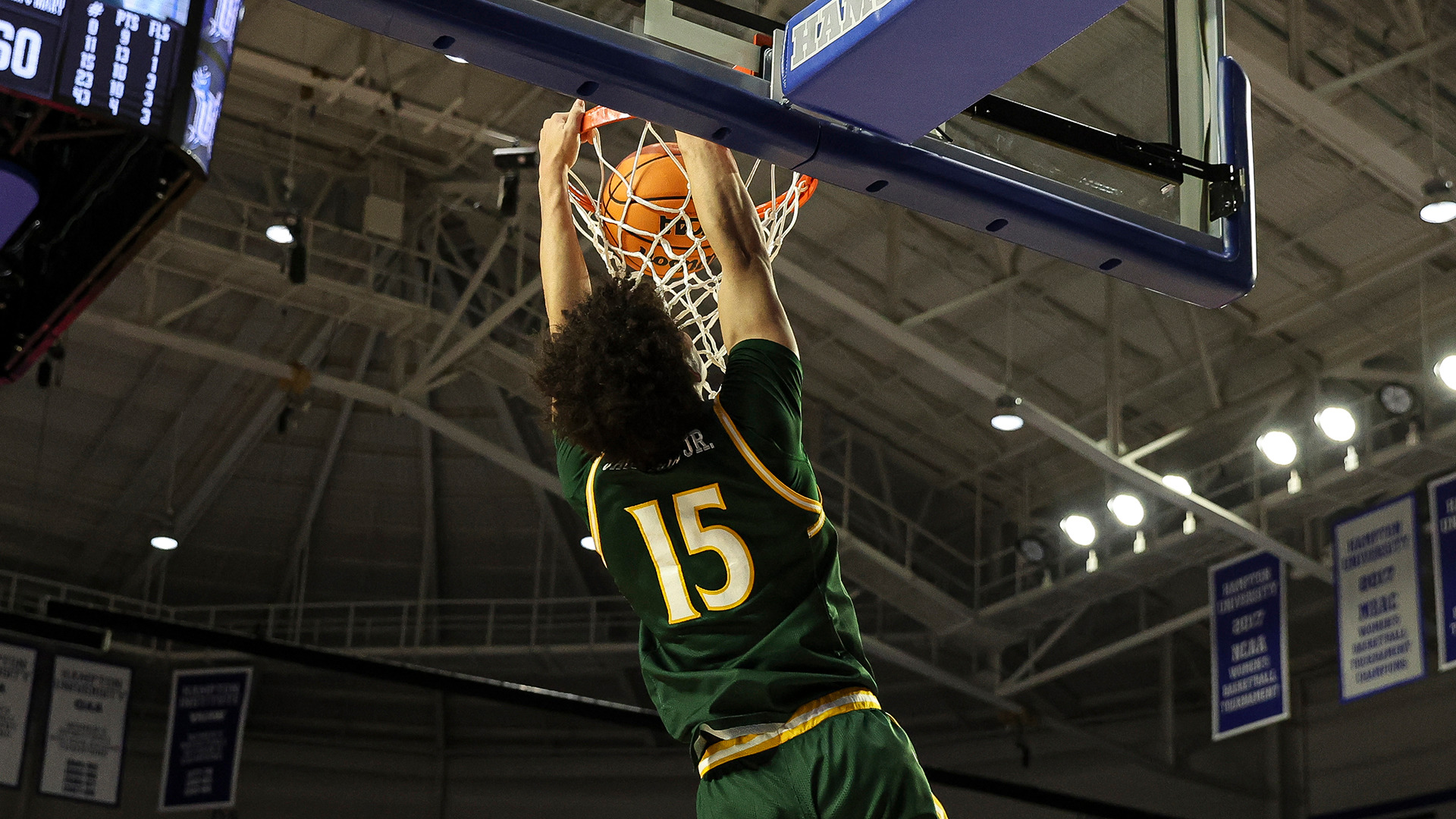 Ryan Jackson, Jr. throws down a two-handed dunk at Hampton on Feb. 7, 2026. 