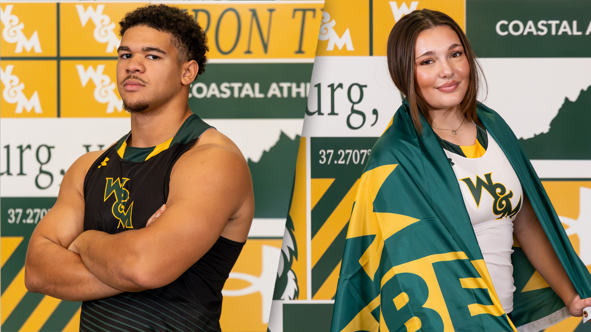 Left side is Uriah Harris in a black W&M uniform with his arms crossed against the scrapbook backdrop, the right side is Amelia Bawcombe stands, smiles and looks at the camera from the side with a W&M flag on her back against the scrapbook backdrop.