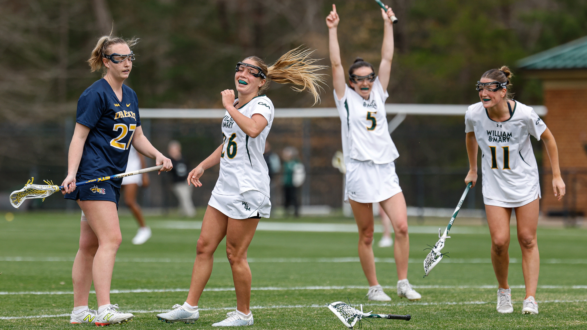Mila Millhouse celebrates a goal against Drexel at Martin Family Stadium.
