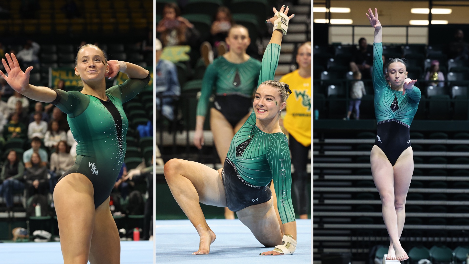 Ashley Ruedy, Hannah Burke and Sophia Summers competing in gymnastics