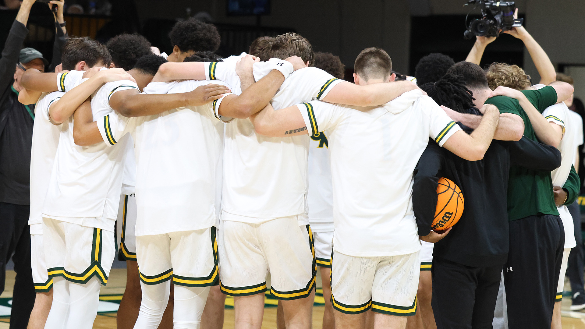 The Tribe huddles up before its home game with Northeastern on Feb. 26, 2026. 
