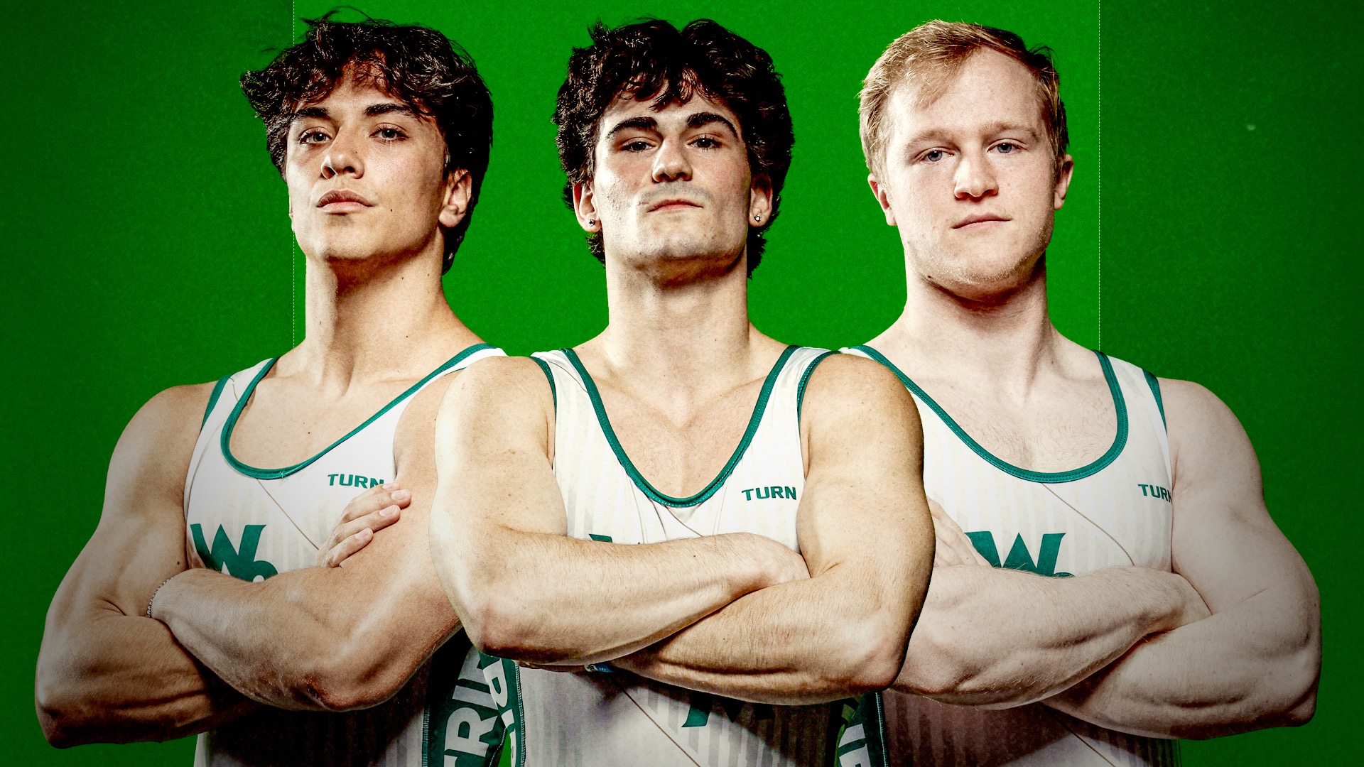 Niko Greenly, Evan Wilkins and Jonathan Irwin stand with their arms crossed in front of a green background
