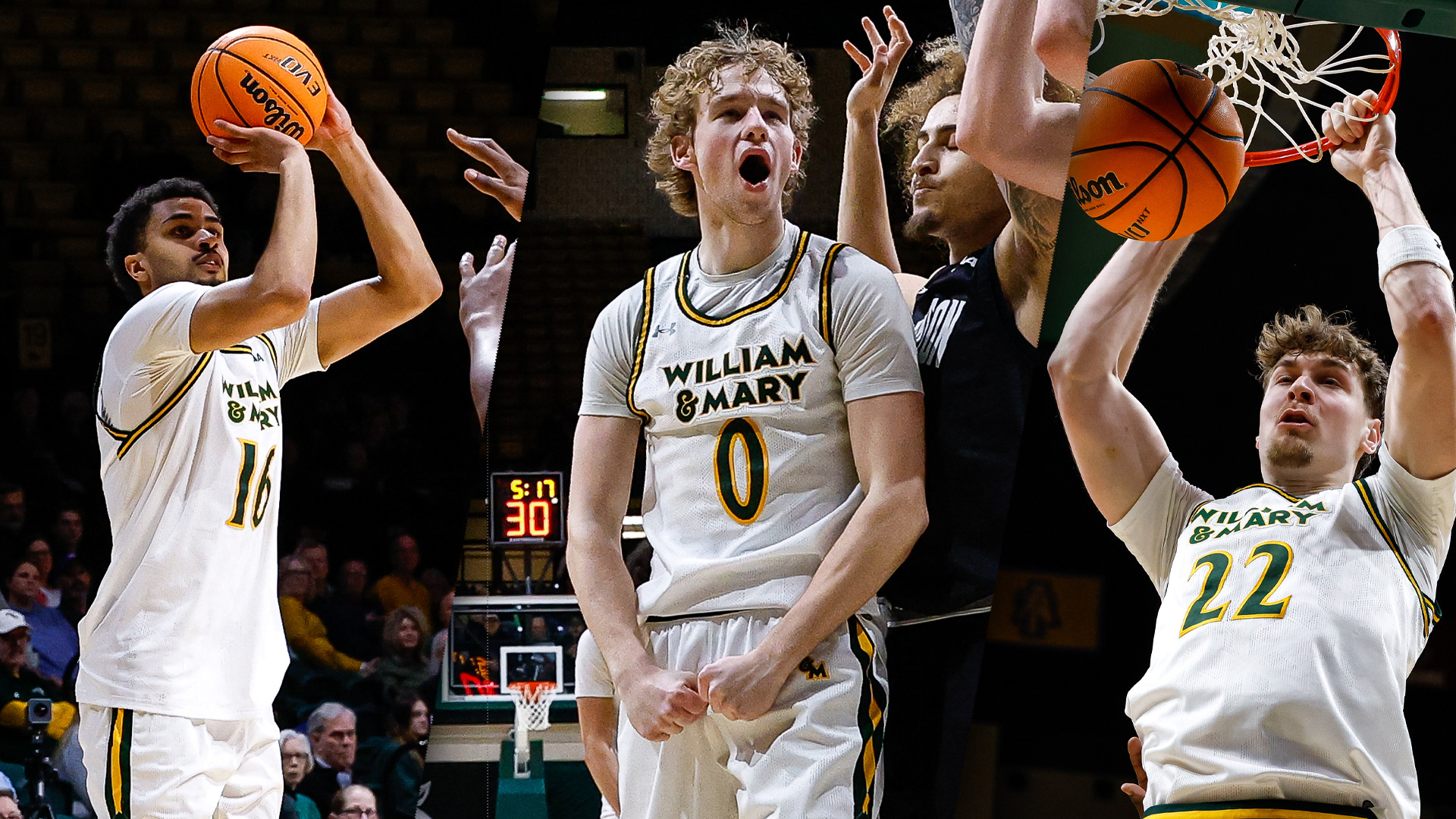Tunde Vahlberg Fasasi shooting a jumper on the left; Reese Miller yells and flexes after a big play in the middle; and Kilian Brockhoff throws down a two-handed dunk on the right. 