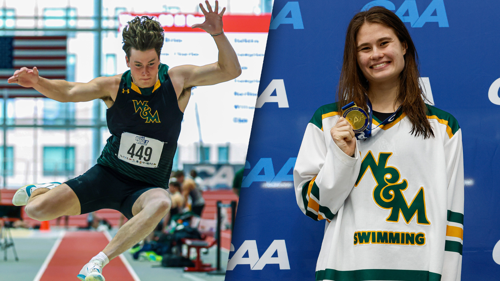 Matthias Oettl does the long jump at the CAA Indoor Track & Field Championships in Boston on the left; Sophia Heilen smiles and holds a gold medal after winning the 200 breaststroke at the CAA Swimming Championships. 