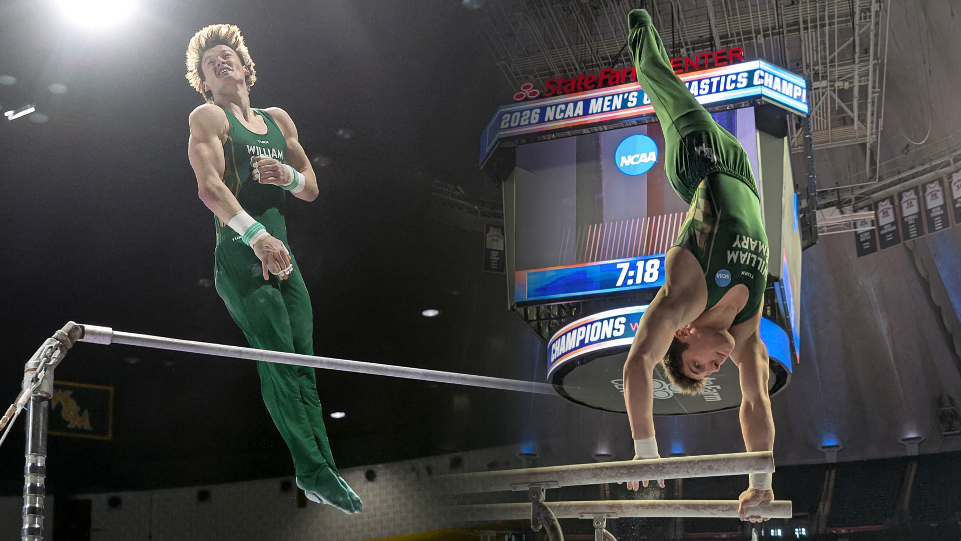 Action photos of Luke Tully competing on high bar and Nicholas 