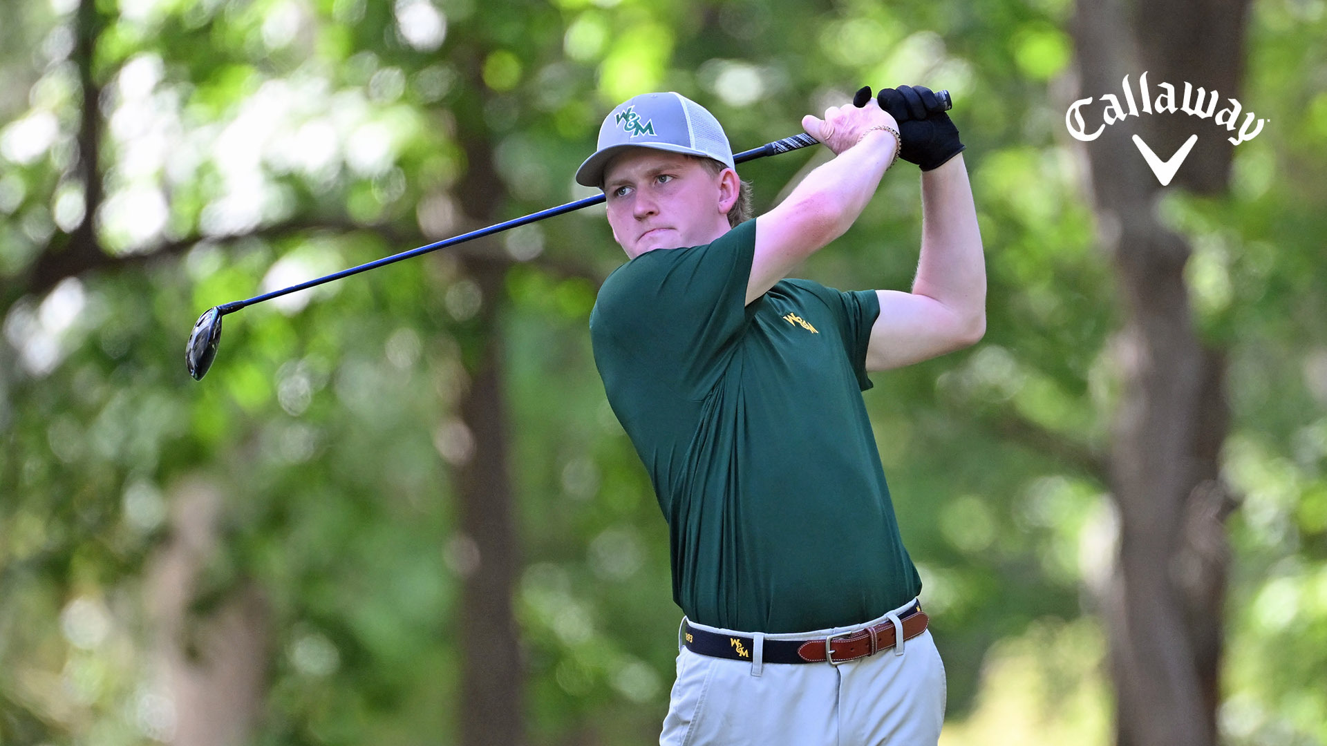 Talon Dingledine follows through and watches his tee shot with the driver in the third round of the CAA Championship.  He posted a clean card with 4 birdies (holes 1, 11, 12, 13) and an eagle (3). It was tied for the best round of the day and equaled the Tribe program record in the CAA Championships. 