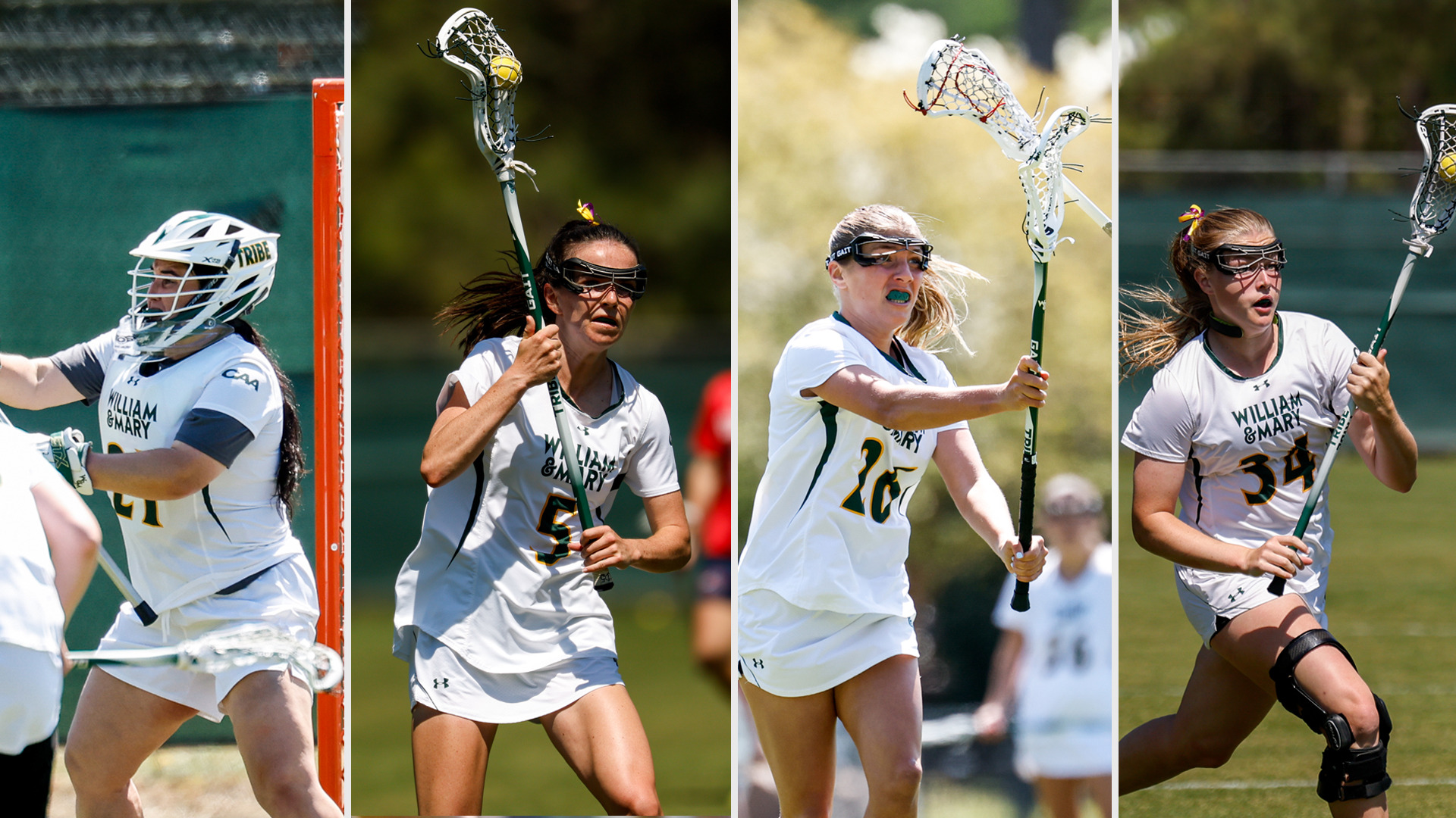 Action photos of W&M Lacrosse All-CAA standouts Anna Lopez, Kate Draddy, Mila Millhouse and 