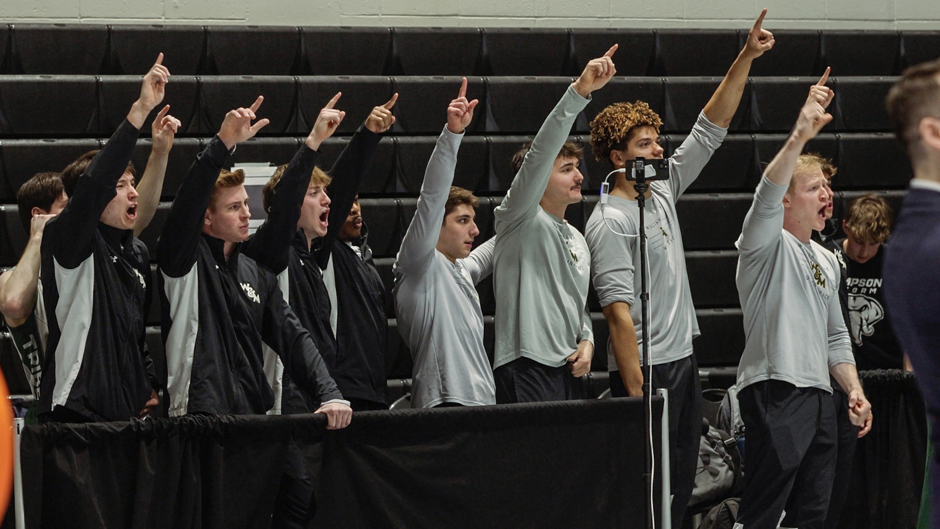 Members of the W&M men's gymnastics team celebrate during the 2026 ECAC Championship