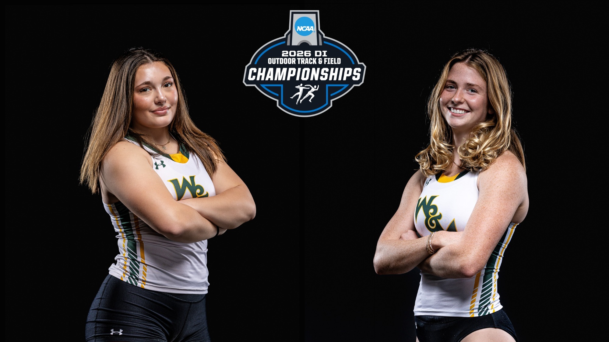 Amelia Bawcombe and Elizabeth Strobach with the NCAA Championships logo in between them