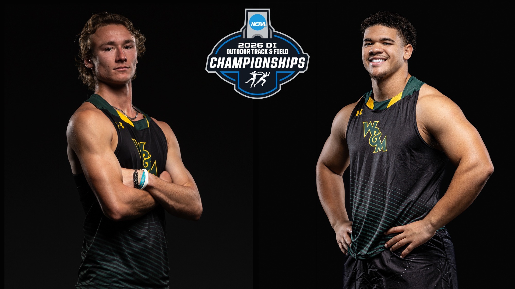 Jonathan Kumer and Uriah Harris posing with the NCAA Outdoor Championships logo