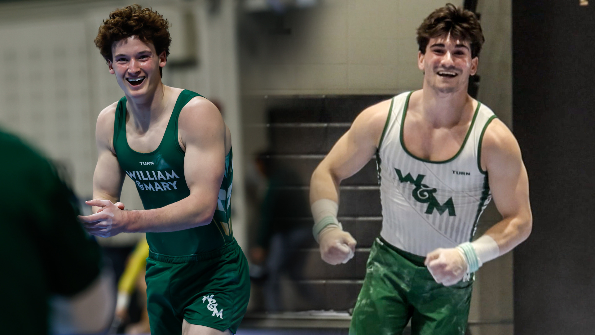 Luke Tully and Evan Wilkins celebrate during a W&M men's gymnastics meet.