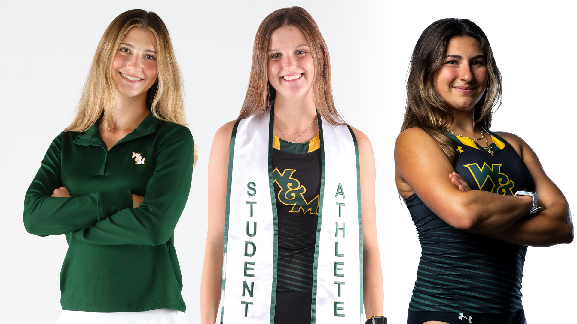 A photo of Simone Senk, Tessa Dobrinski, and Sofia Istnick wearing their team uniforms against a white backdrop during media day. 