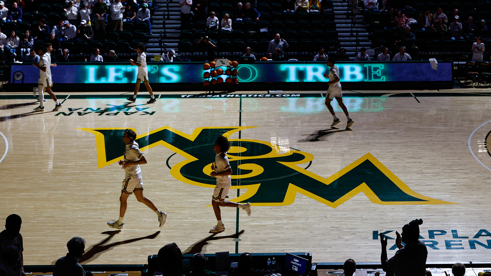 The Kaplan Arena is darkened as the Tribe runs out prior to the game at home against UNCW during the 2026 season. 