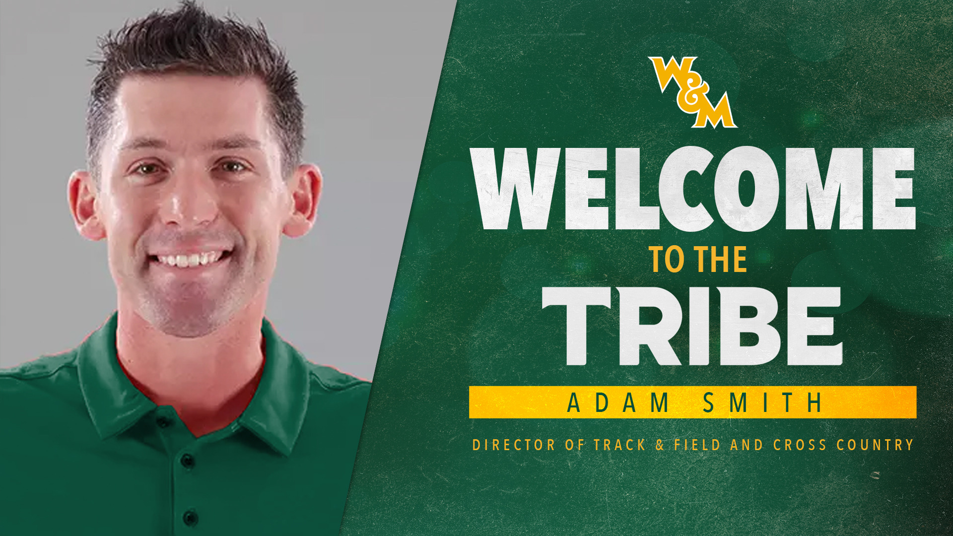 Hiring graphic welcoming Adam Smith to the Tribe as the Director of Track & Field and Cross Country. Smith's headshot is on the left. 