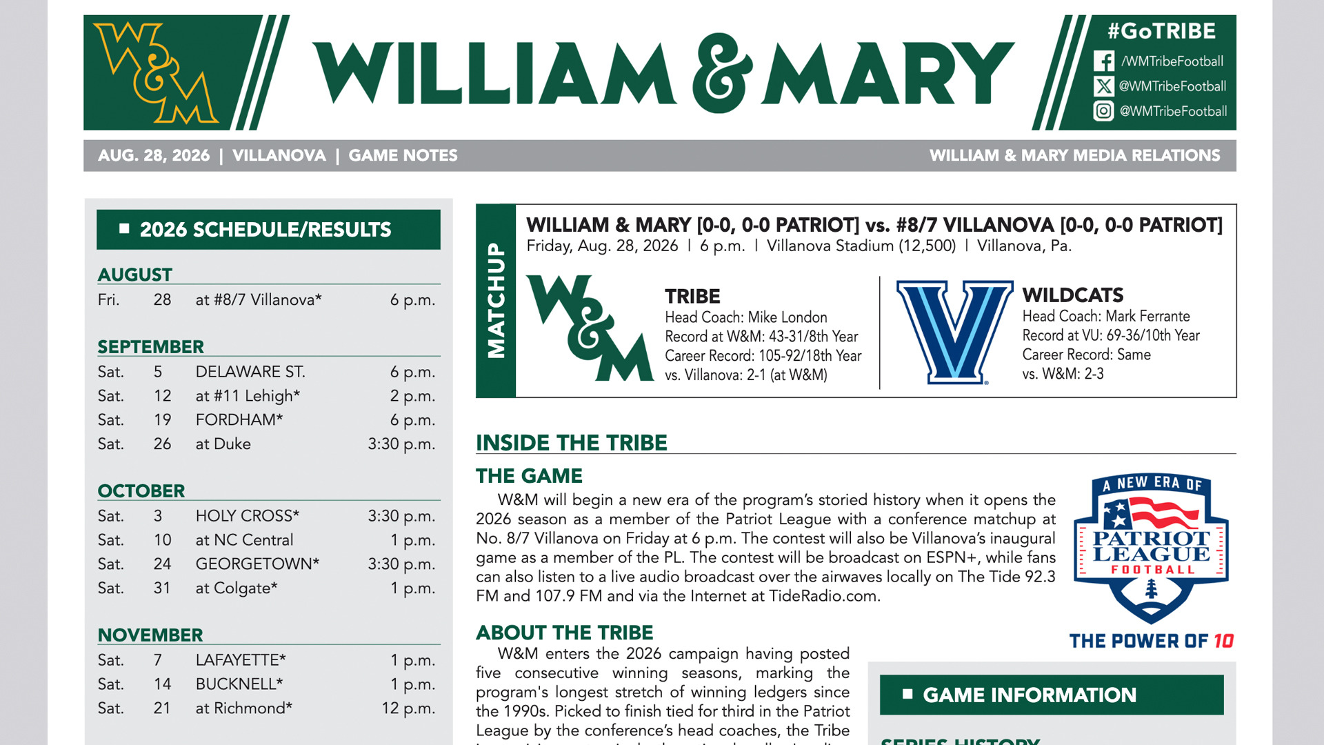 Front page of W&M Football game notes vs. Villanova