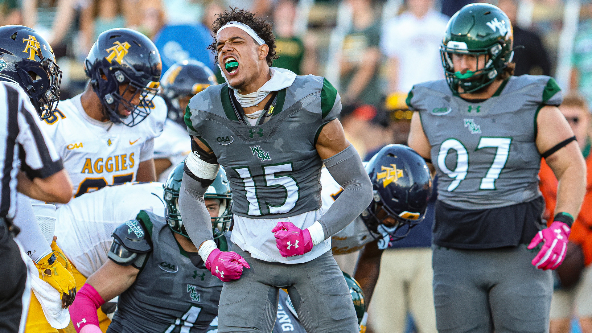 Bryce Barnes celebrates after making a big play vs. NC A&T at Zable Stadium