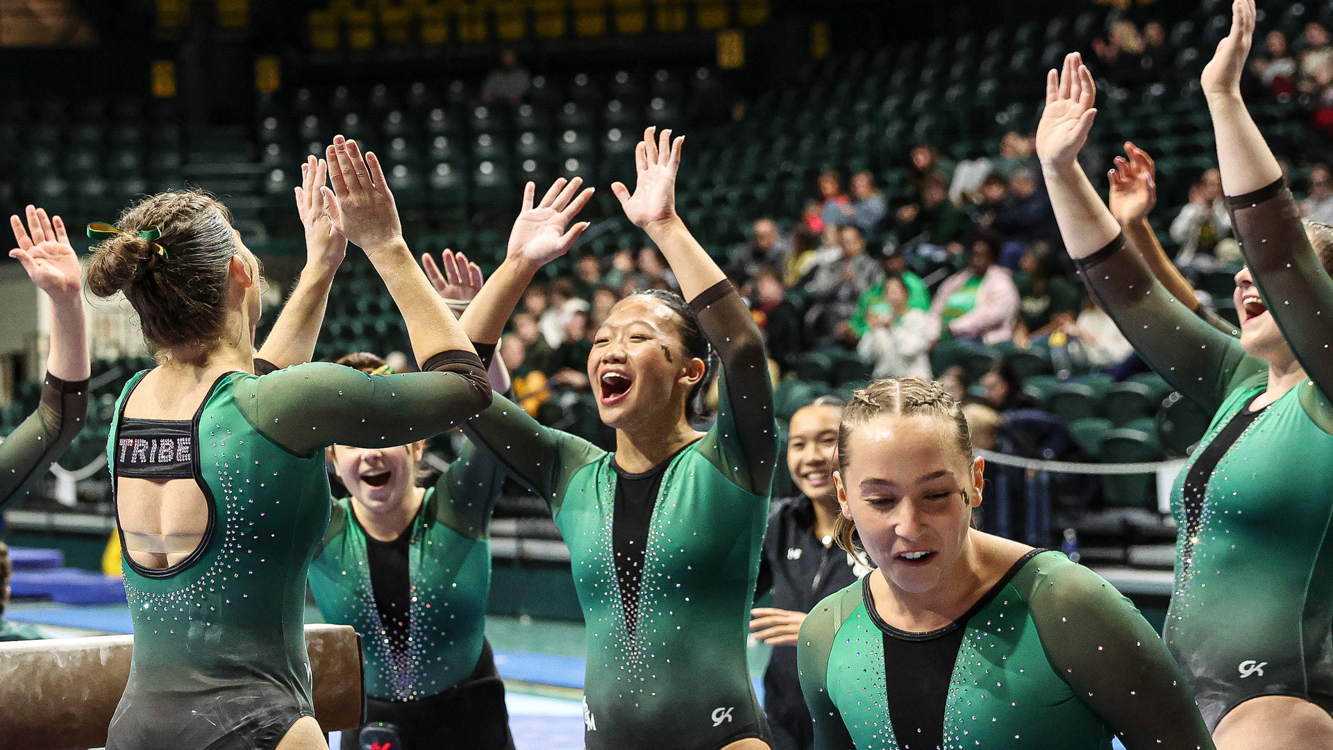 Members of the W&M women's gymnastics team celebrate during a home meet at Kaplan Arena