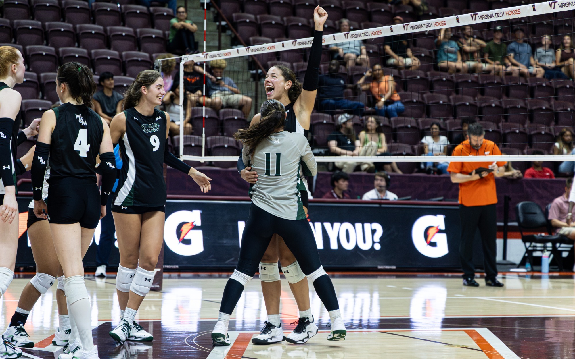 Olivia Westfort celebrates a point in William & Mary's 3-2 victory over Virginia Tech on Aug. 28, 2026.