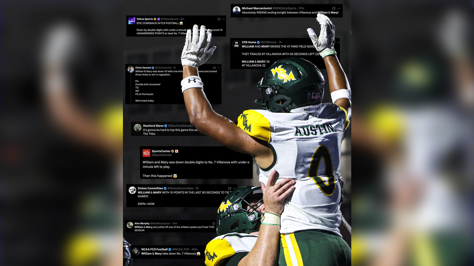 W&M football celebration photo with social media mentions surrounding it