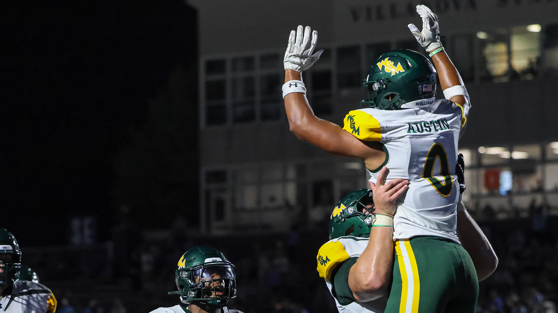 Kai Austin celebrates his game-tying touchdown catch at Villanova 