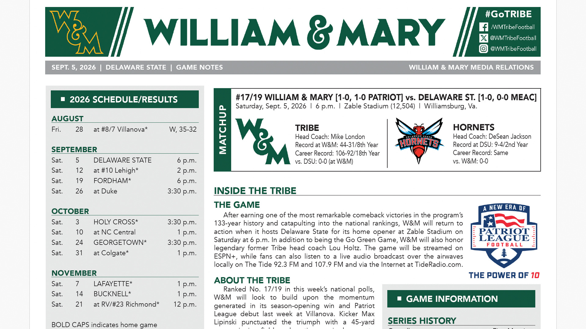 Delaware State Game Notes Front Page