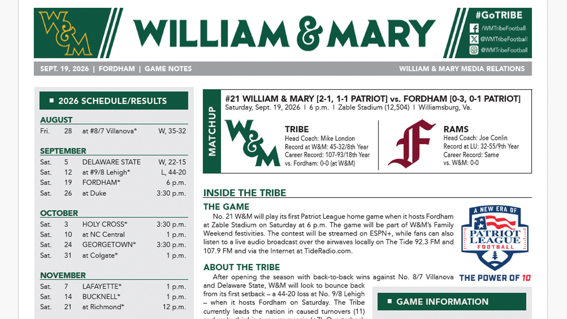W&M Football Game Notes vs. Fordham front page