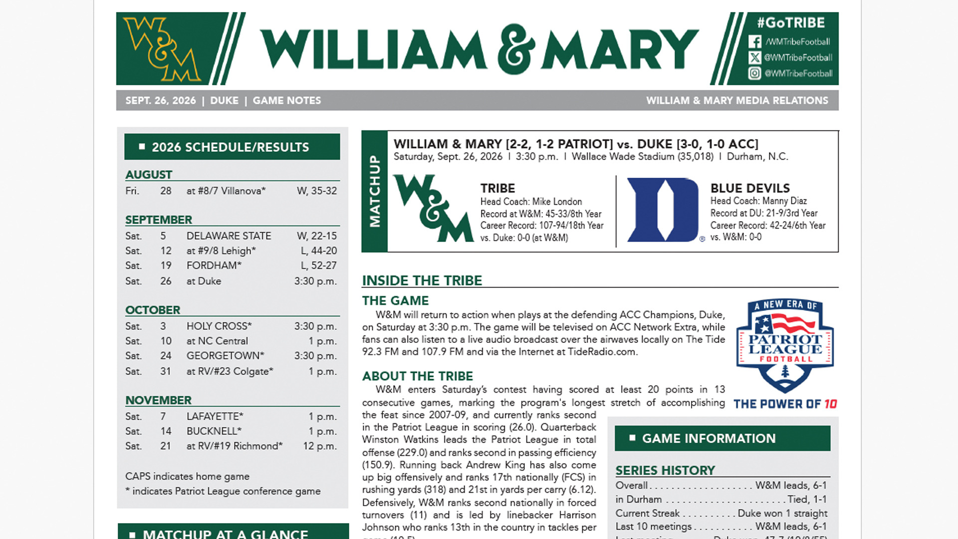 Duke Game Notes Front Page