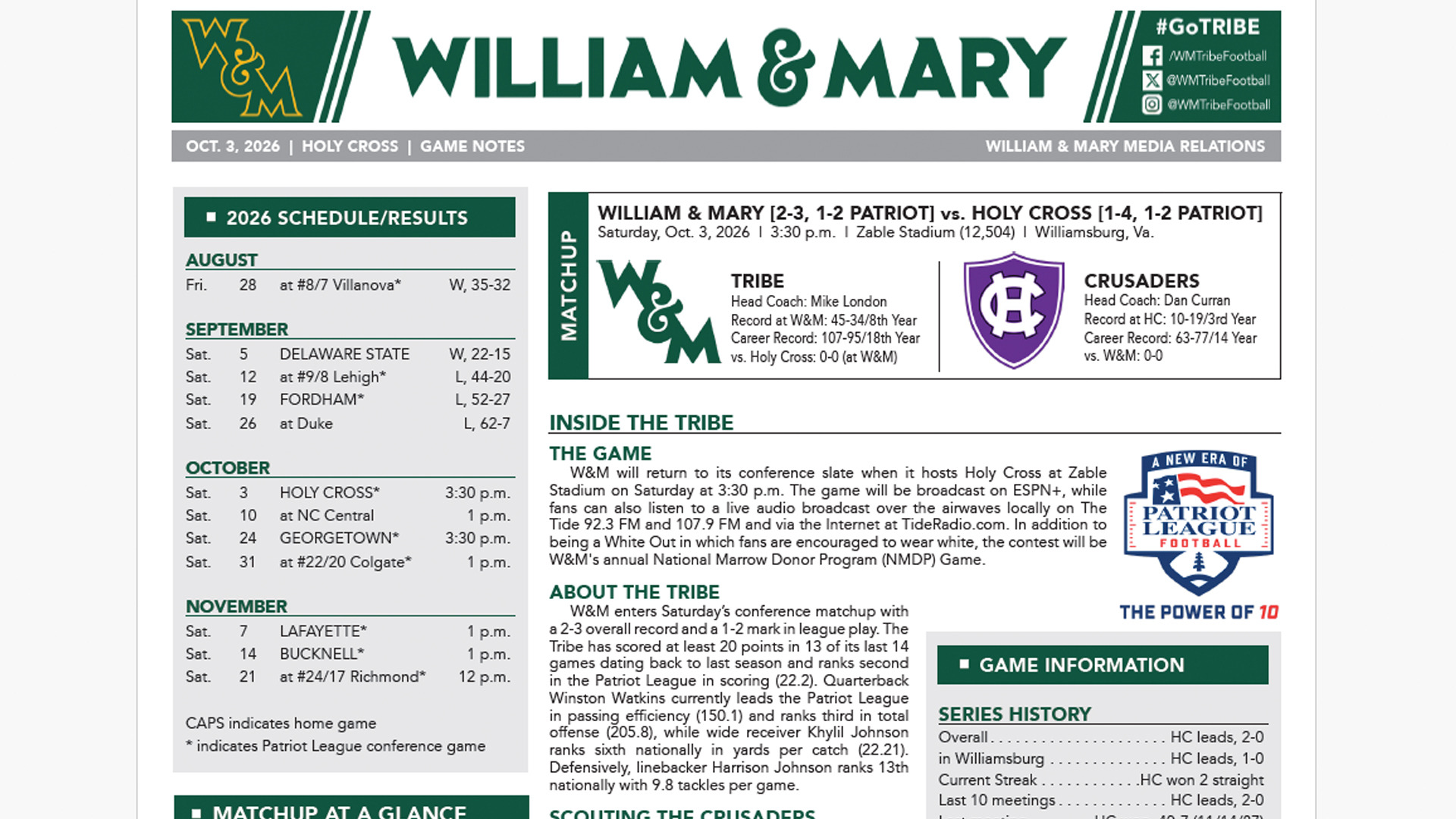 W&M Football Game Notes vs. Holy Cross Front Page