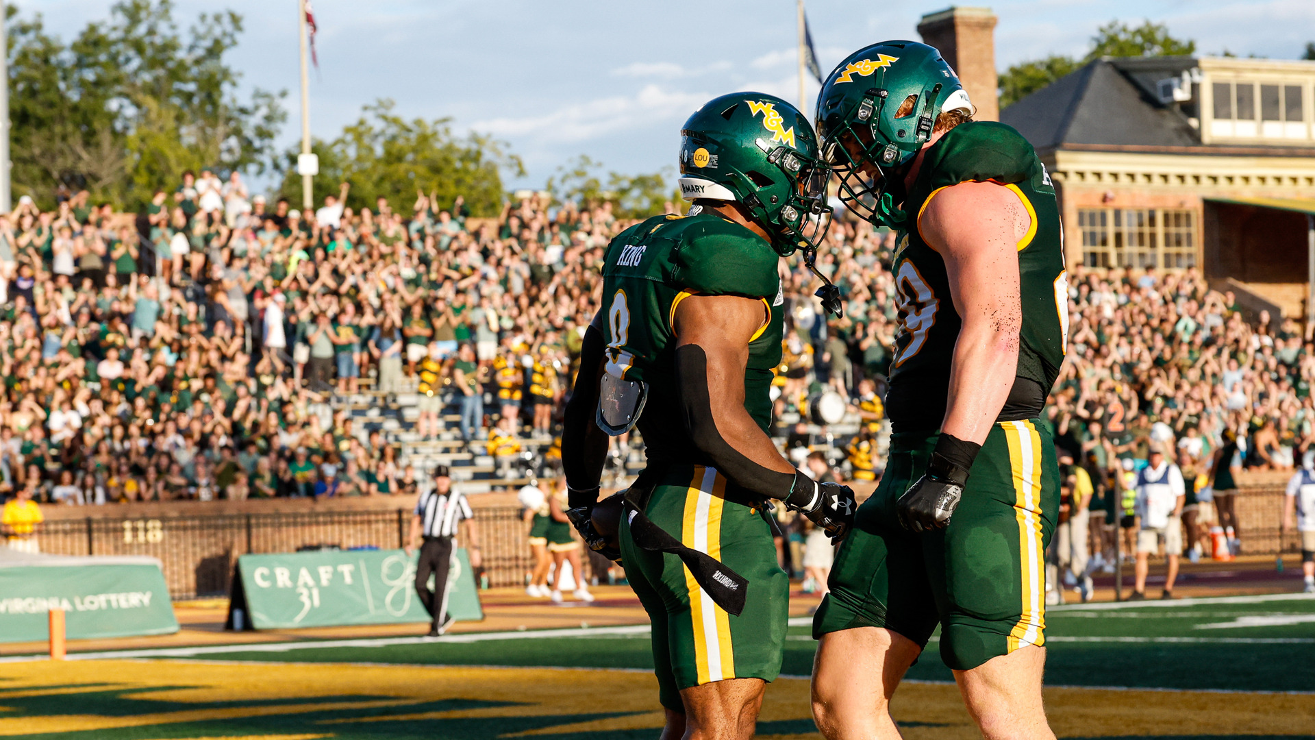 Andrew King celebrates a touchdown run with Haven Mullins at Zable Stadium
