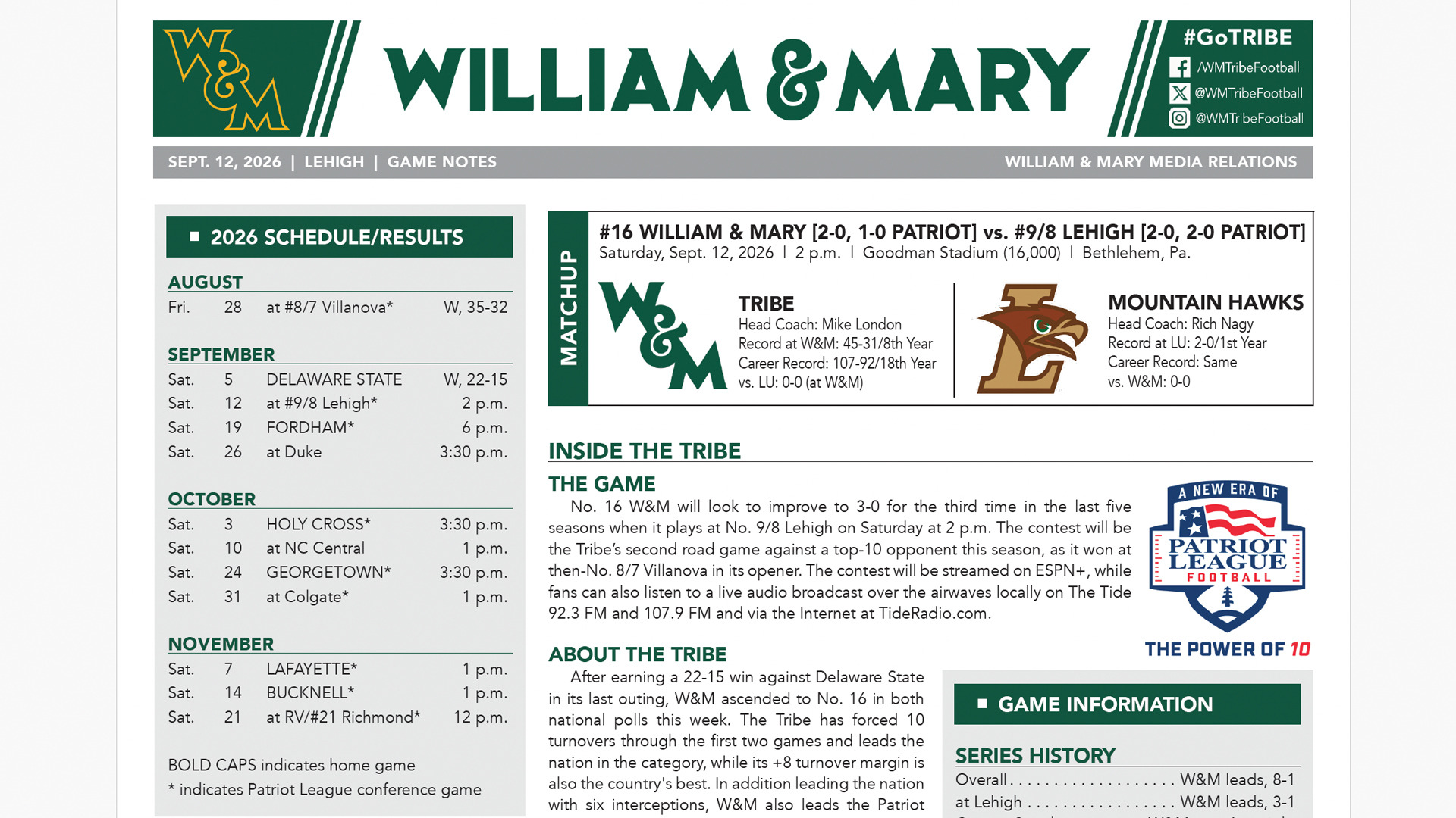 Lehigh Game Notes Front Page