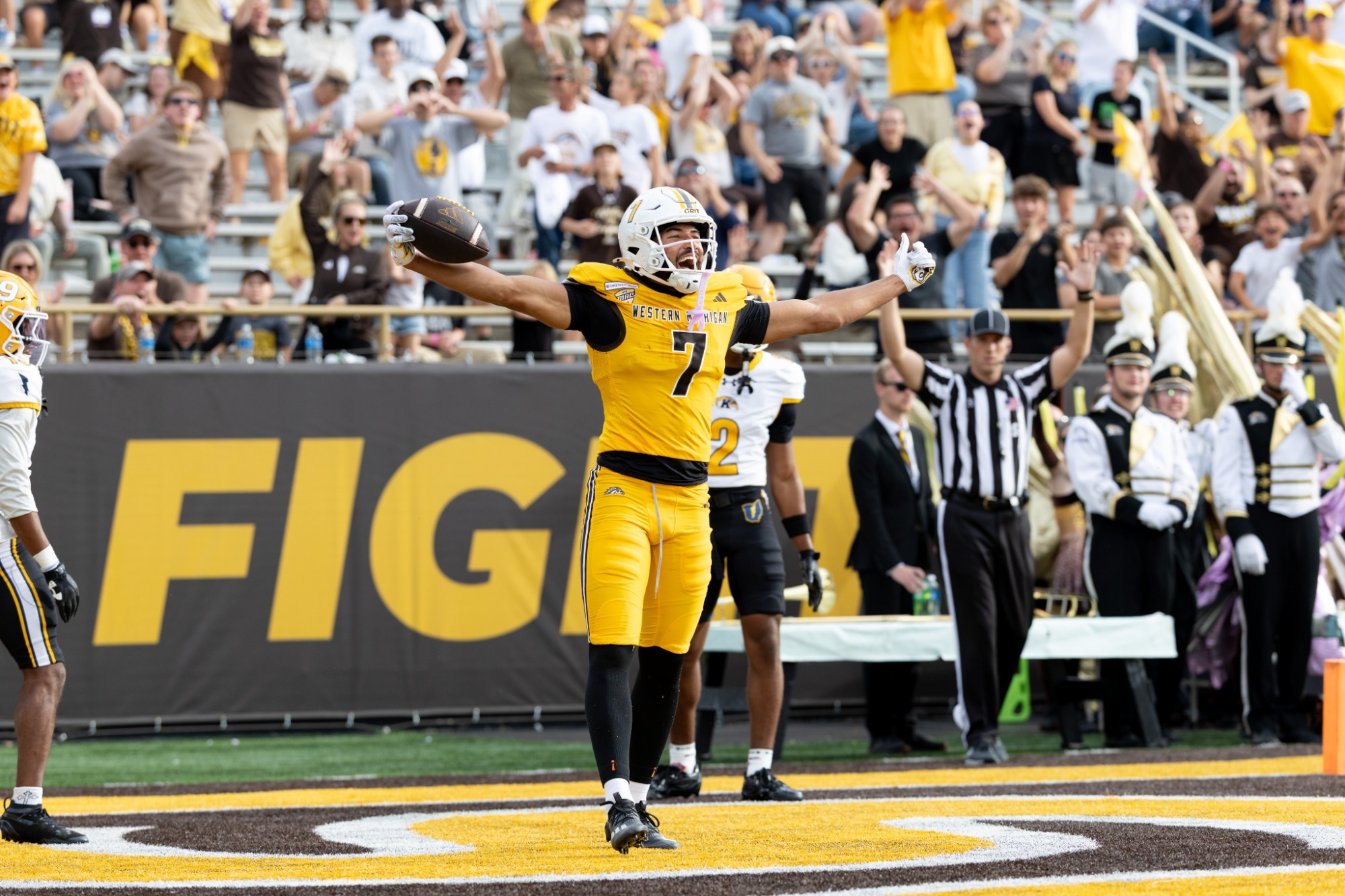 Baylin Brooks celebrates his touchdown catch, puting the Broncos up 21-7 over Kent State. 