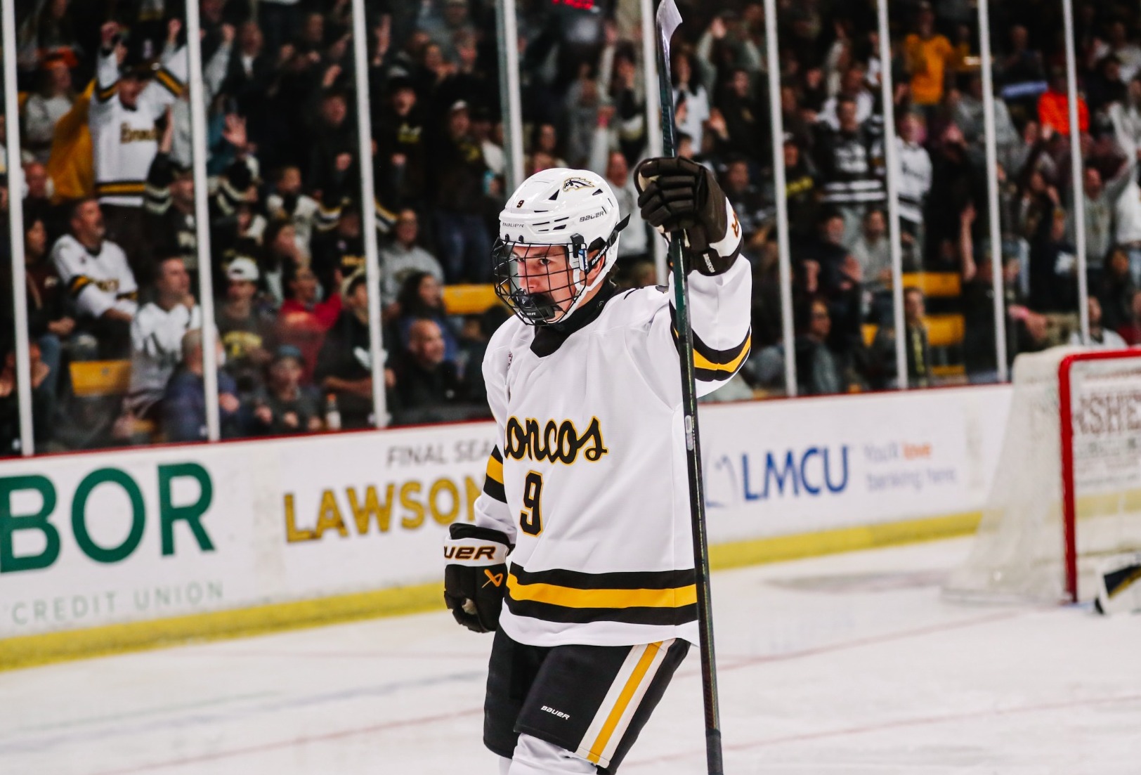 Adam Benak celebrates his first collegiate goal.