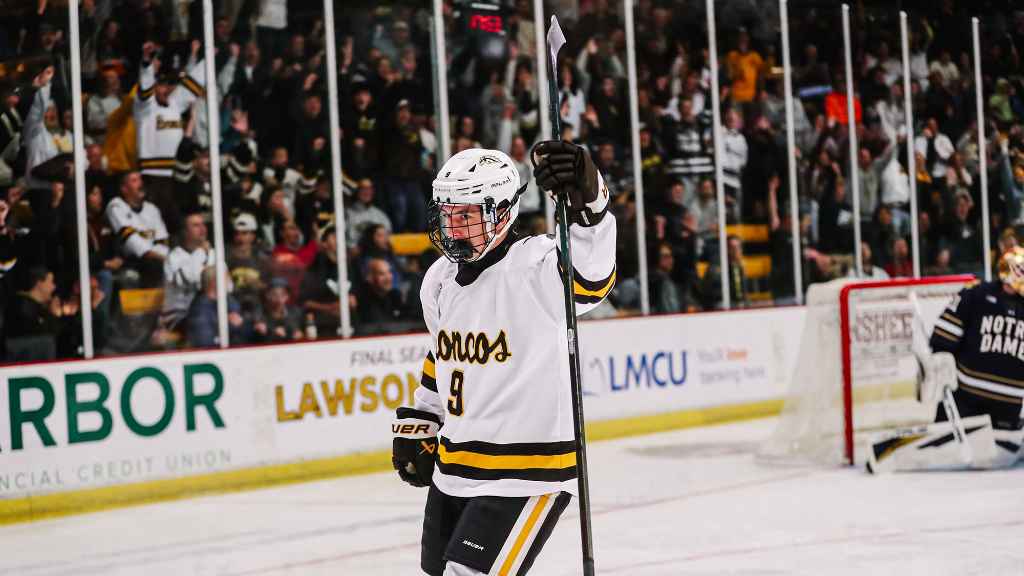 Adam Benak celebrates his first collegiate goal.