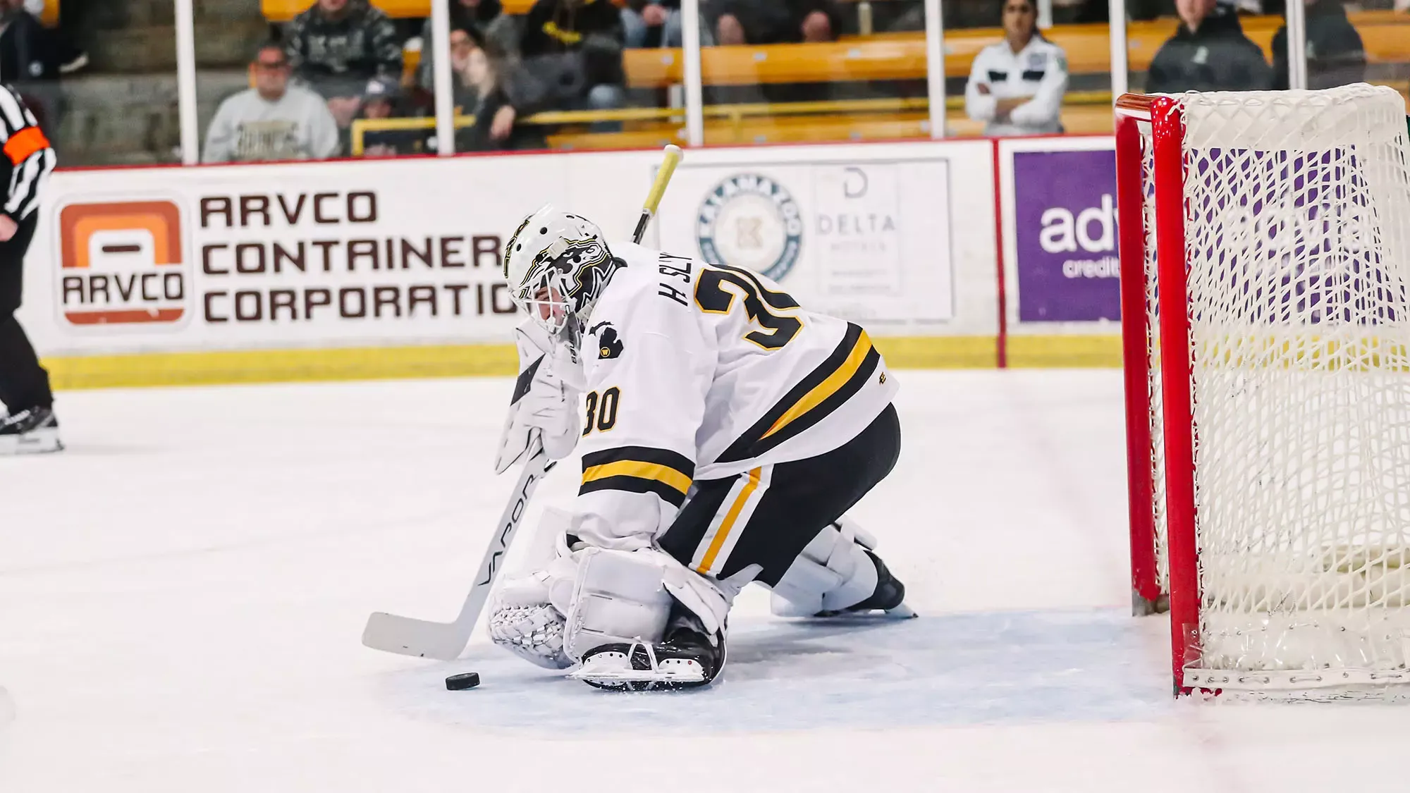 Slukynsky covers the puck.
