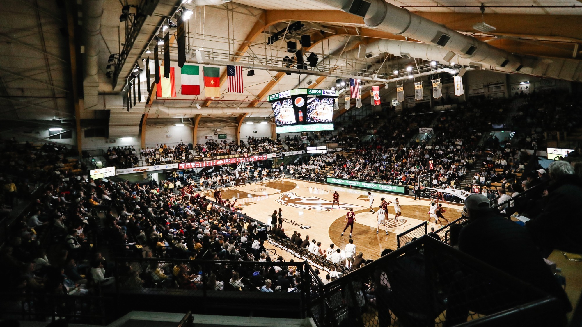 Wide shot of University Arena during WMU vs CMU men's basketball game in January 2026