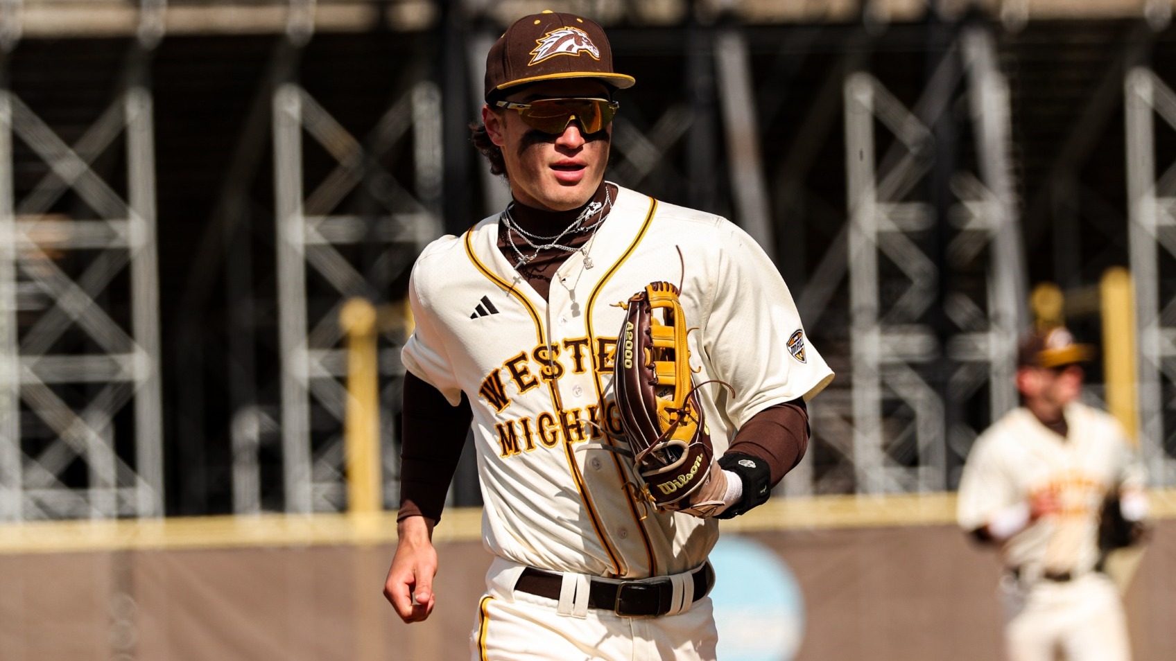 Tanner Mally jogging in from center field