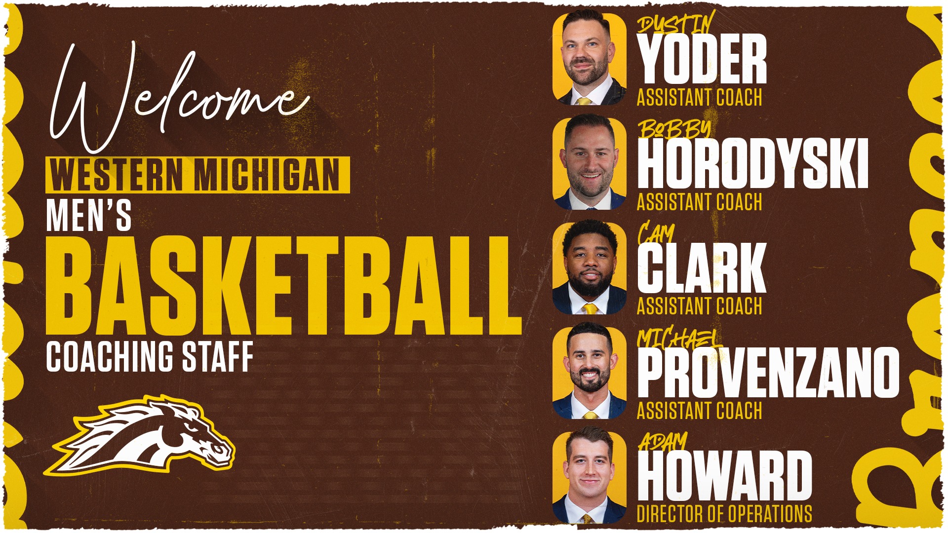Graphic depicting Western Michigan's new men's basketball coaching staff