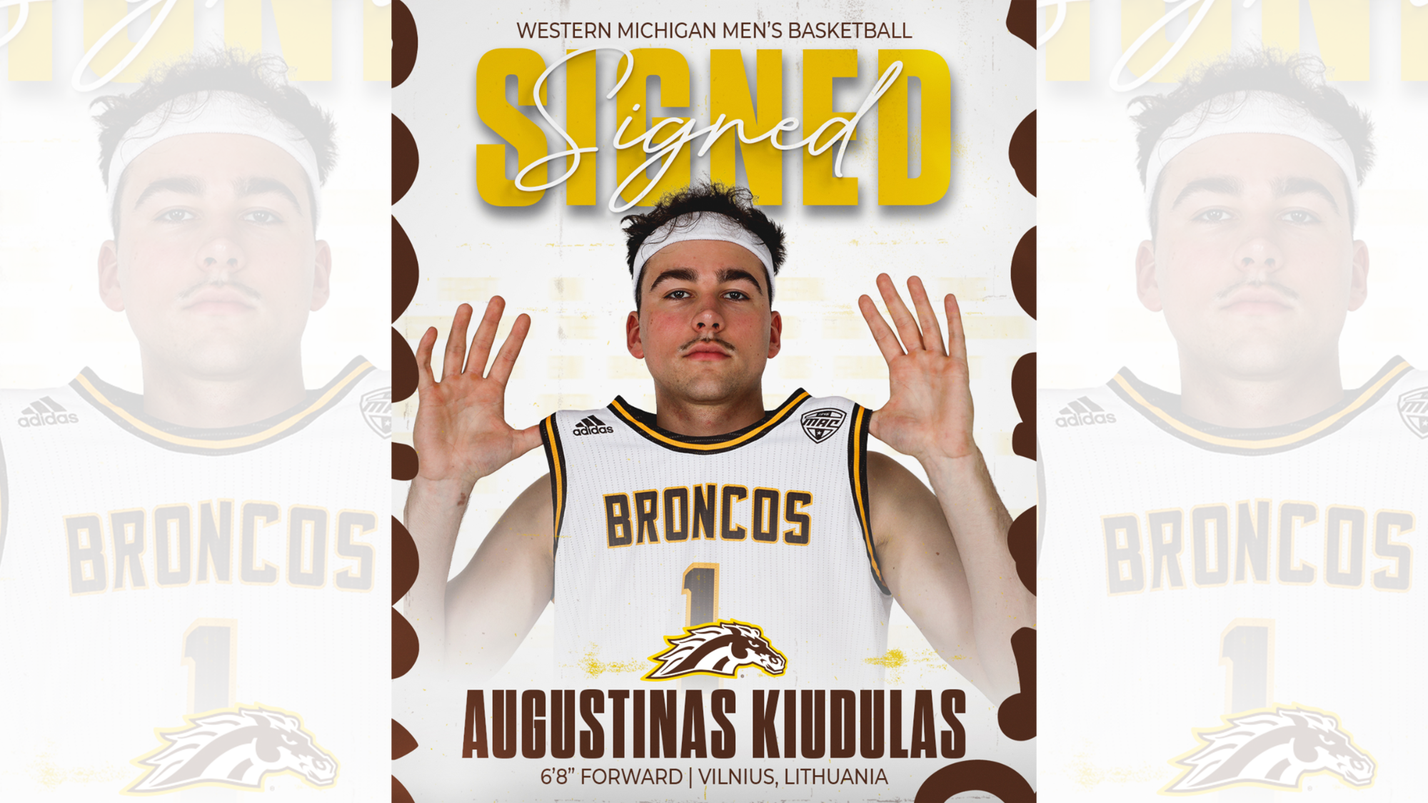 Signed graphic for men's basketball transfer forward Augustinas Kiudulas