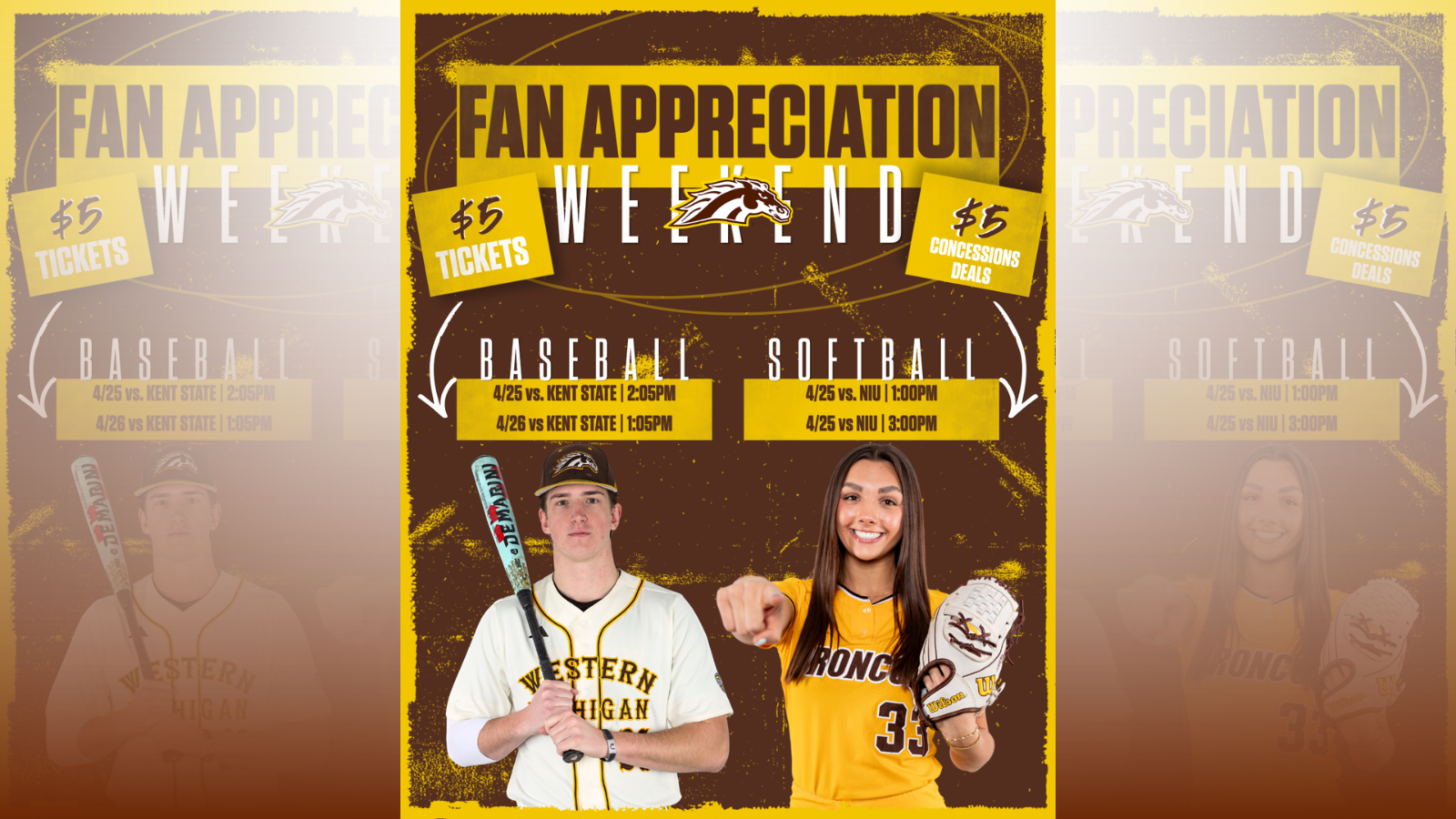 Fan Appreciation Weekend graphic with Avery Thielmann and Ava Geyer showcasing $5 tickets and $5 concessions deals. 