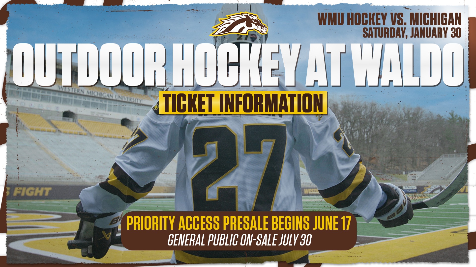 Graphic announcing tickets on sale dates for the 2027 WMU Hockey Outdoor Game at Waldo Stadium