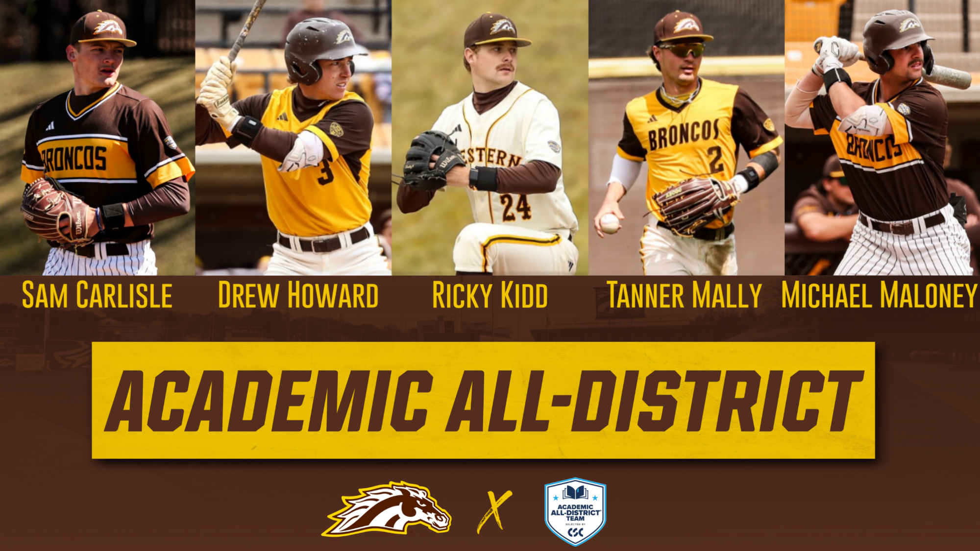 Graphic featuring WMU Baseball 2026 Academic All-District selections Sam Carlisle, Drew Howard, Ricky Kidd, Tanner Mally and Michael Maloney