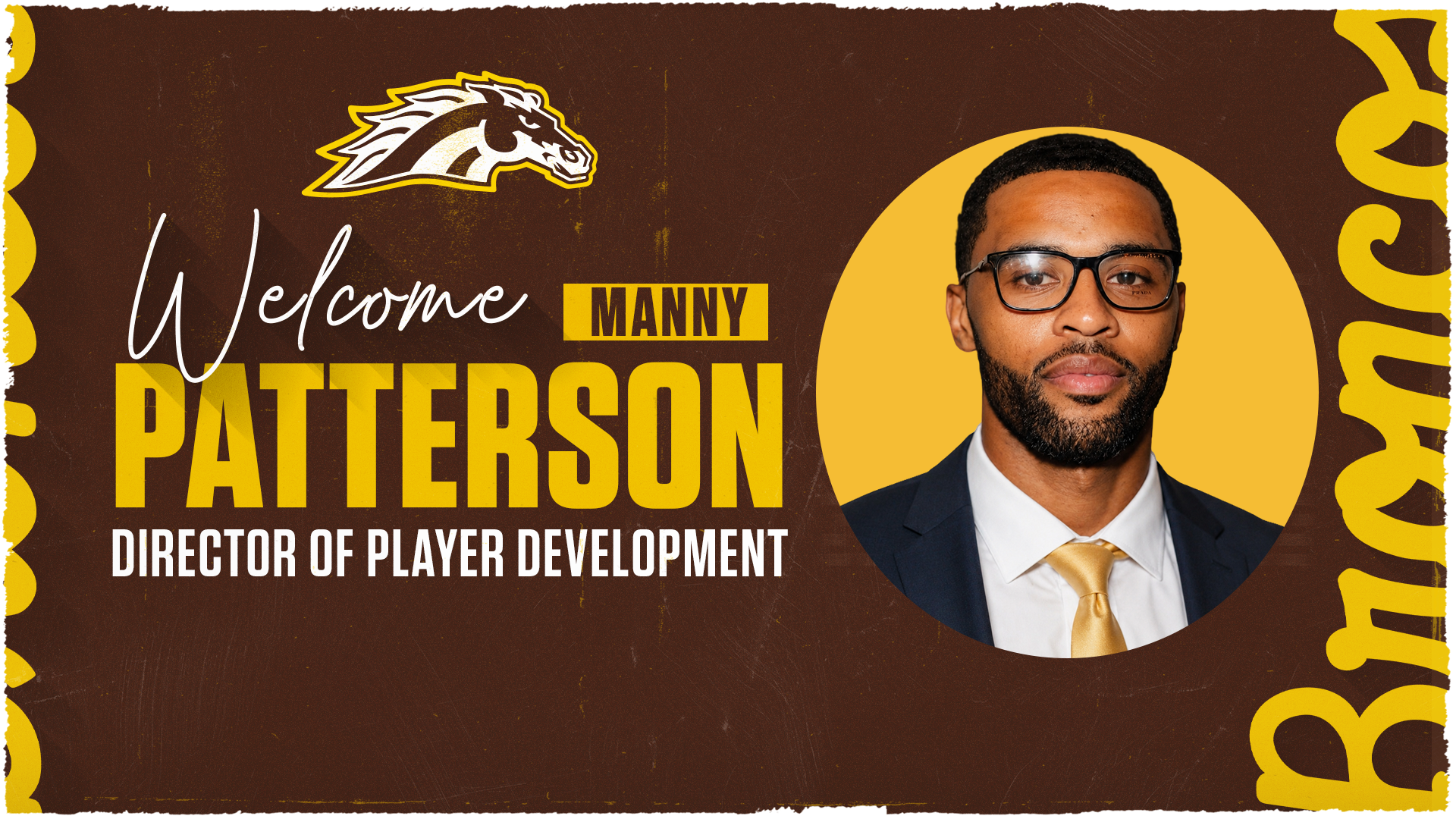 Graphic welcoming new men's basketball director of player development Manny Patterson