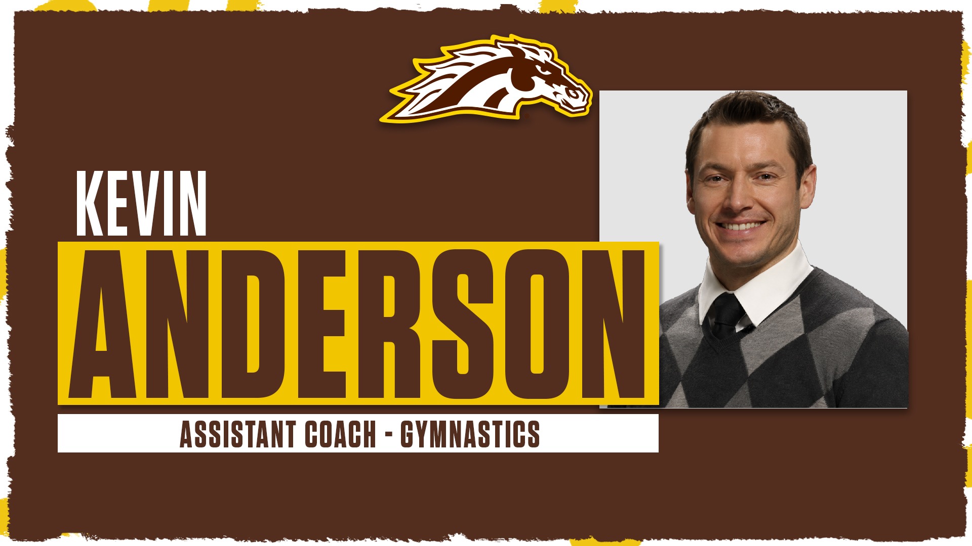 Graphic depicting Kevin Anderson as the new women's gymnastics coach. 